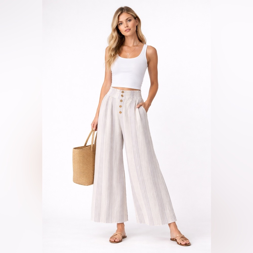 Free People Wide Leg Gauze Pants Large Button Front Striped Boho